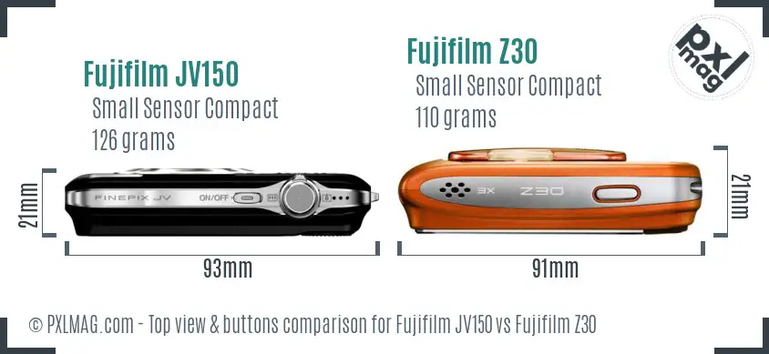 Fujifilm JV150 vs Fujifilm Z30 top view buttons comparison