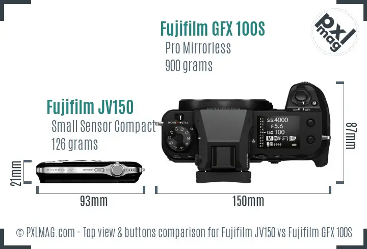 Fujifilm JV150 vs Fujifilm GFX 100S top view buttons comparison