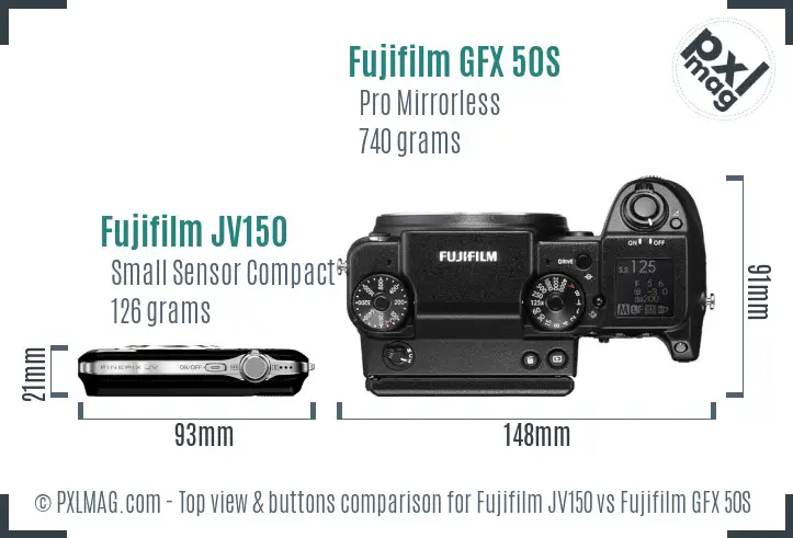 Fujifilm JV150 vs Fujifilm GFX 50S top view buttons comparison