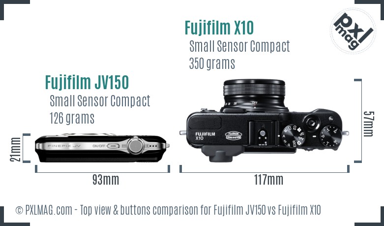 Fujifilm JV150 vs Fujifilm X10 top view buttons comparison