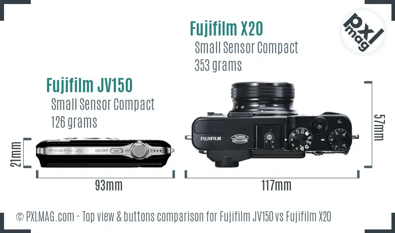 Fujifilm JV150 vs Fujifilm X20 top view buttons comparison