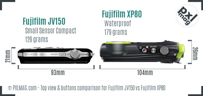 Fujifilm JV150 vs Fujifilm XP80 top view buttons comparison