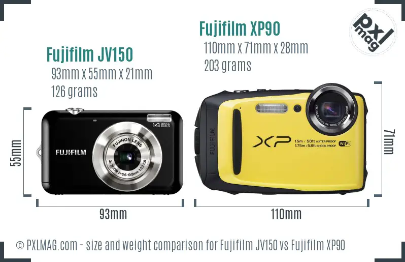 Fujifilm JV150 vs Fujifilm XP90 size comparison