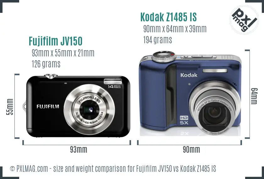 Fujifilm JV150 vs Kodak Z1485 IS size comparison