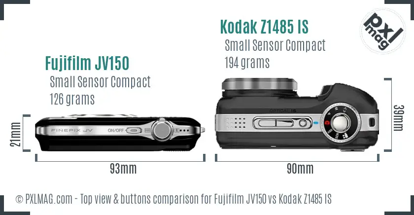 Fujifilm JV150 vs Kodak Z1485 IS top view buttons comparison