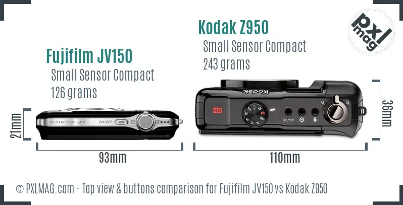 Fujifilm JV150 vs Kodak Z950 top view buttons comparison Fujifilm JV150 vs Kodak Z950 top view buttons comparison