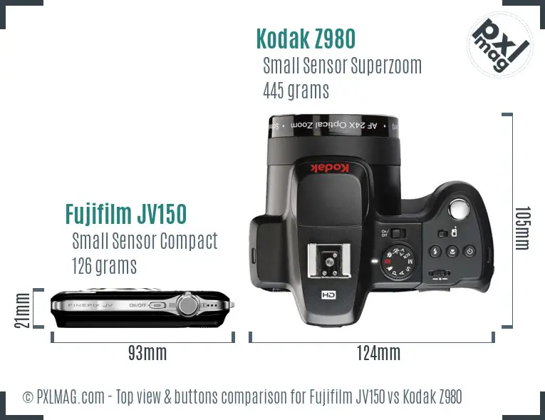 Fujifilm JV150 vs Kodak Z980 top view buttons comparison