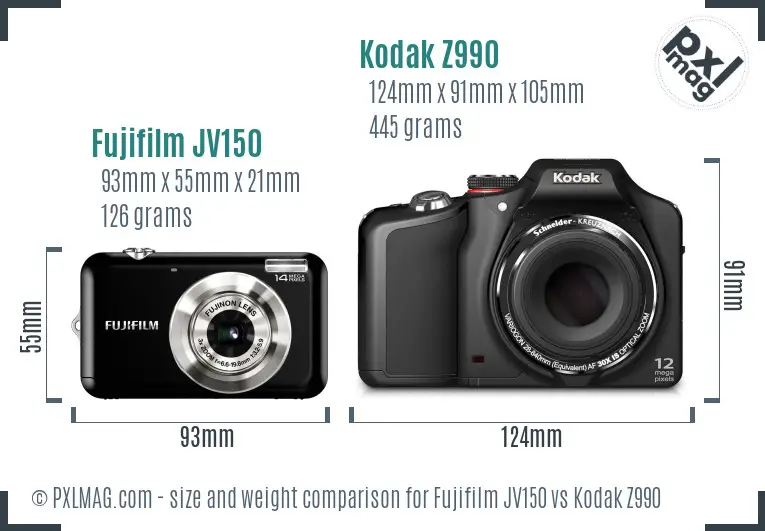 Fujifilm JV150 vs Kodak Z990 size comparison
