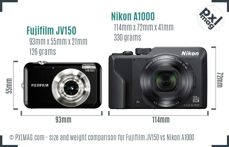 Fujifilm JV150 vs Nikon A1000 size comparison