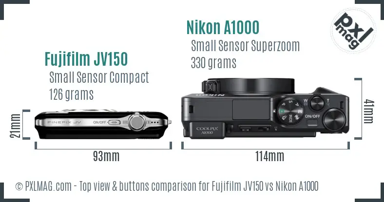 Fujifilm JV150 vs Nikon A1000 top view buttons comparison