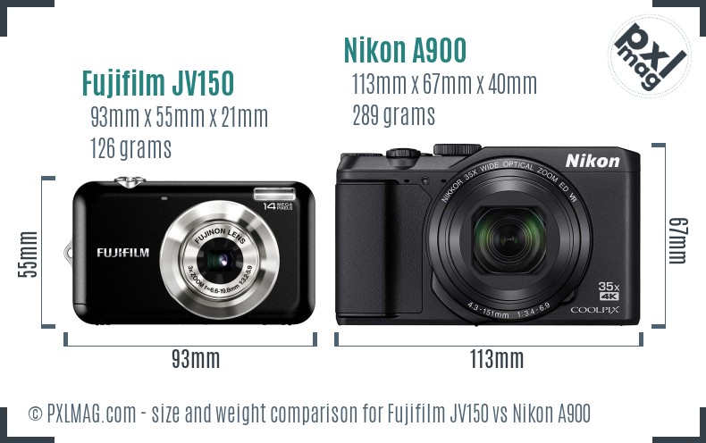Fujifilm JV150 vs Nikon A900 size comparison Fujifilm JV150 vs Nikon A900 size comparison