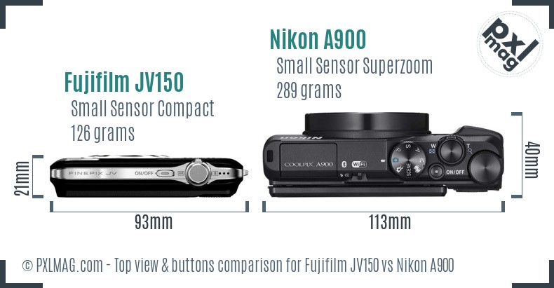 Fujifilm JV150 vs Nikon A900 top view buttons comparison