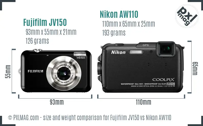 Fujifilm JV150 vs Nikon AW110 size comparison