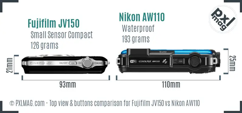 Fujifilm JV150 vs Nikon AW110 top view buttons comparison