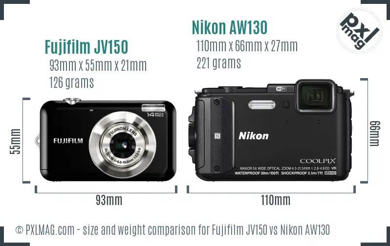 Fujifilm JV150 vs Nikon AW130 size comparison