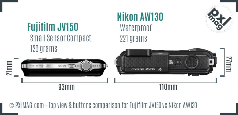 Fujifilm JV150 vs Nikon AW130 top view buttons comparison