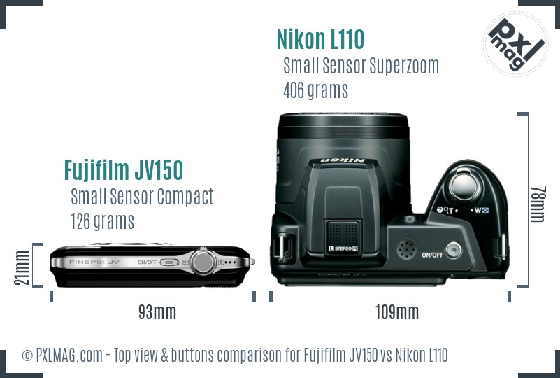 Fujifilm JV150 vs Nikon L110 top view buttons comparison