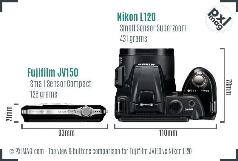 Fujifilm JV150 vs Nikon L120 top view buttons comparison