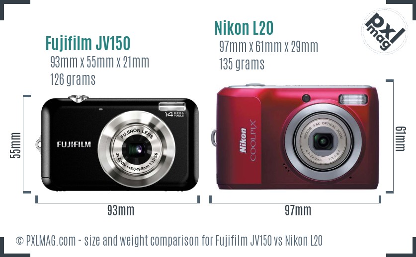 Fujifilm JV150 vs Nikon L20 size comparison