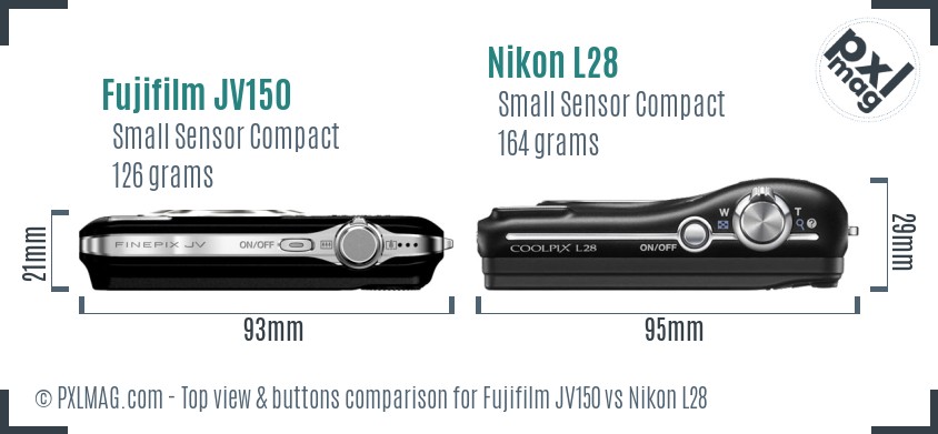 Fujifilm JV150 vs Nikon L28 top view buttons comparison