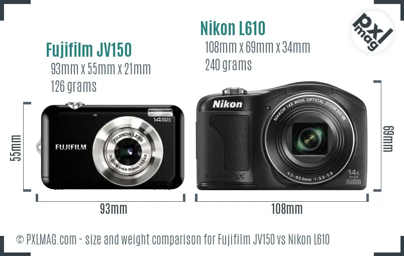 Fujifilm JV150 vs Nikon L610 size comparison