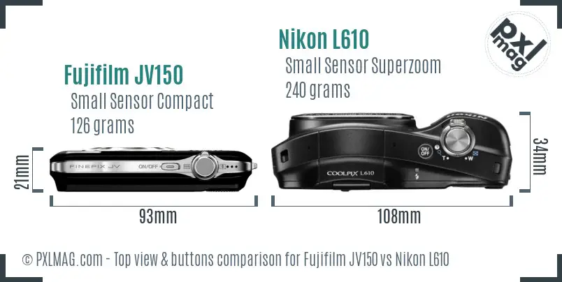 Fujifilm JV150 vs Nikon L610 top view buttons comparison