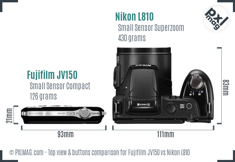 Fujifilm JV150 vs Nikon L810 top view buttons comparison