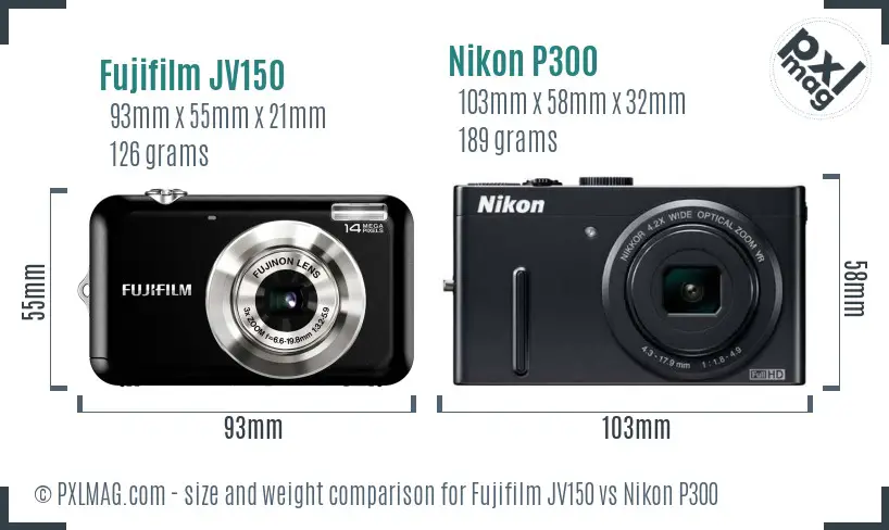 Fujifilm JV150 vs Nikon P300 size comparison