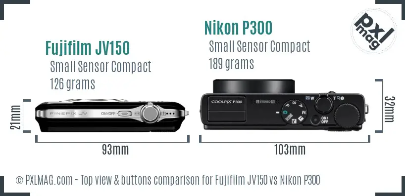 Fujifilm JV150 vs Nikon P300 top view buttons comparison
