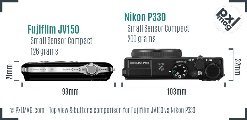 Fujifilm JV150 vs Nikon P330 top view buttons comparison