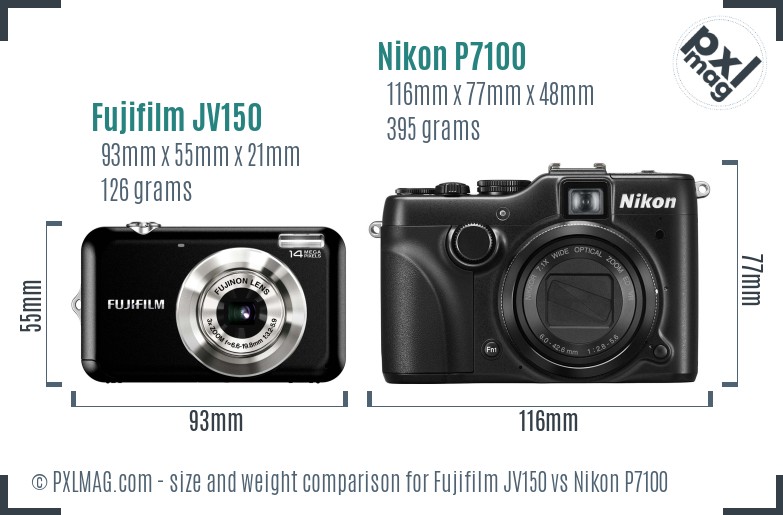 Fujifilm JV150 vs Nikon P7100 size comparison