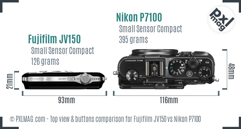 Fujifilm JV150 vs Nikon P7100 top view buttons comparison