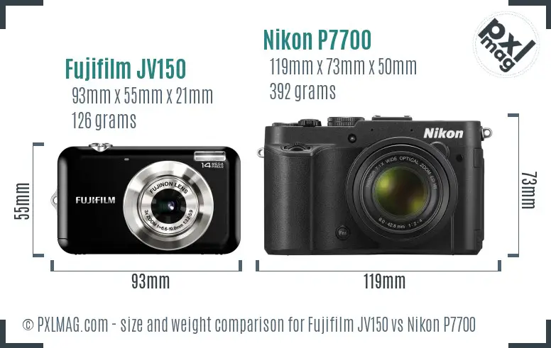 Fujifilm JV150 vs Nikon P7700 size comparison