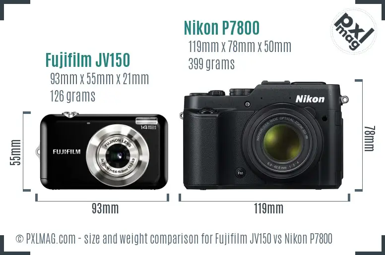 Fujifilm JV150 vs Nikon P7800 size comparison