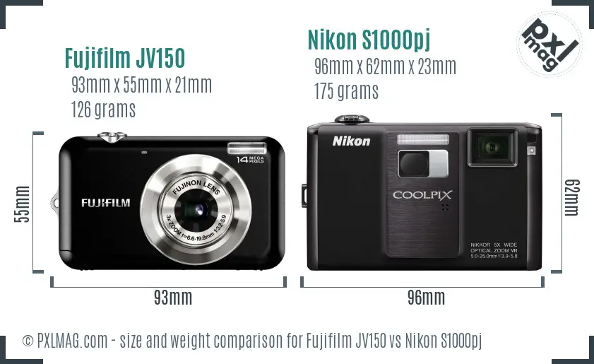 Fujifilm JV150 vs Nikon S1000pj size comparison