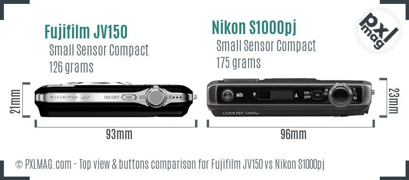 Fujifilm JV150 vs Nikon S1000pj top view buttons comparison