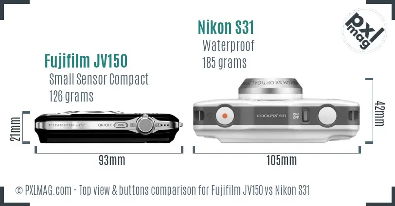 Fujifilm JV150 vs Nikon S31 top view buttons comparison