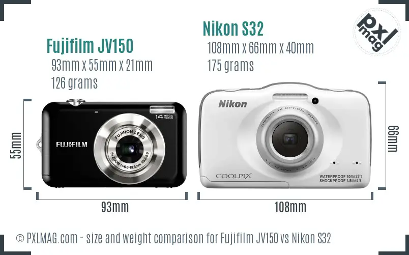 Fujifilm JV150 vs Nikon S32 size comparison