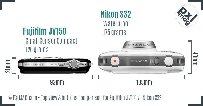 Fujifilm JV150 vs Nikon S32 top view buttons comparison