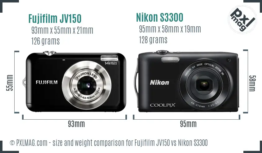 Fujifilm JV150 vs Nikon S3300 size comparison Fujifilm JV150 vs Nikon S3300 size comparison