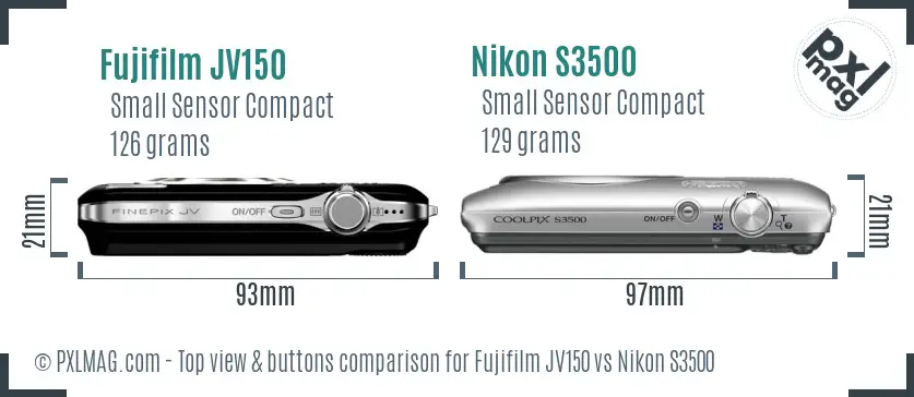 Fujifilm JV150 vs Nikon S3500 top view buttons comparison