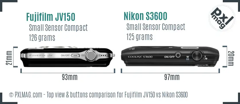 Fujifilm JV150 vs Nikon S3600 top view buttons comparison