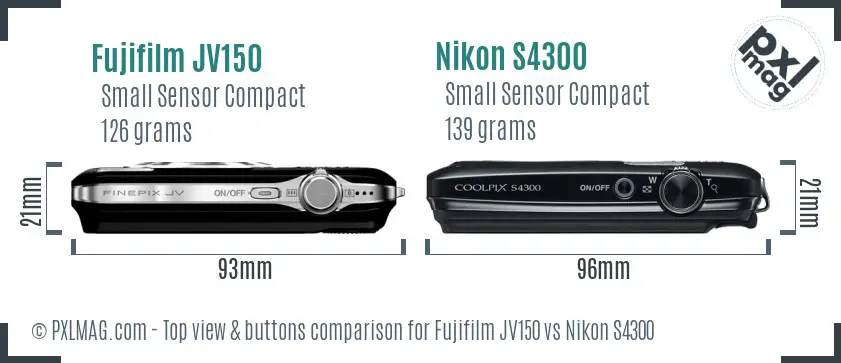Fujifilm JV150 vs Nikon S4300 top view buttons comparison Fujifilm JV150 vs Nikon S4300 top view buttons comparison