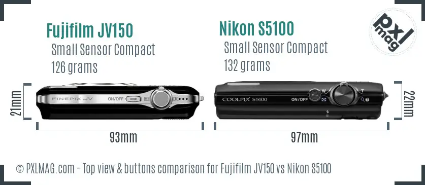 Fujifilm JV150 vs Nikon S5100 top view buttons comparison