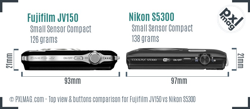 Fujifilm JV150 vs Nikon S5300 top view buttons comparison