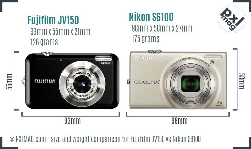 Fujifilm JV150 vs Nikon S6100 size comparison
