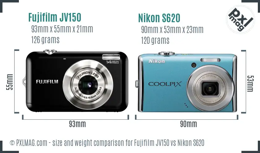 Fujifilm JV150 vs Nikon S620 size comparison