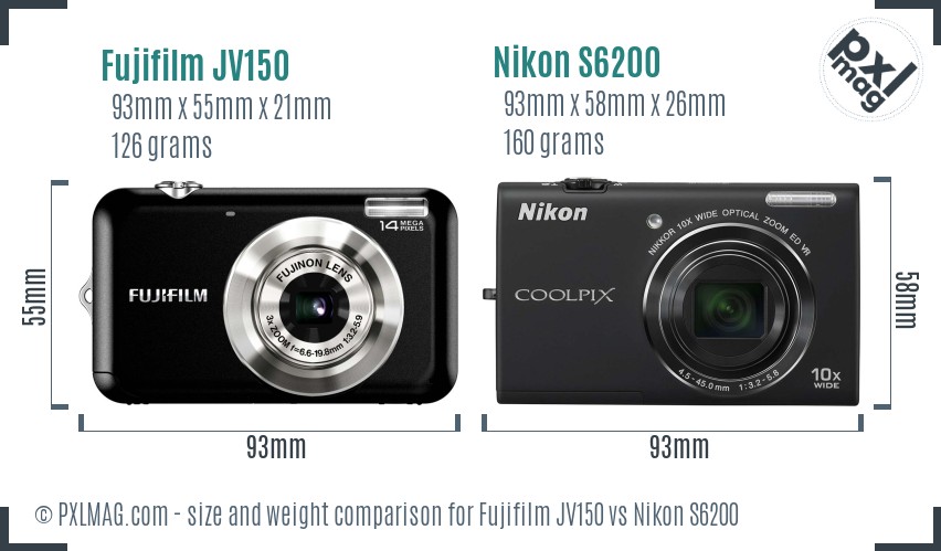 Fujifilm JV150 vs Nikon S6200 size comparison