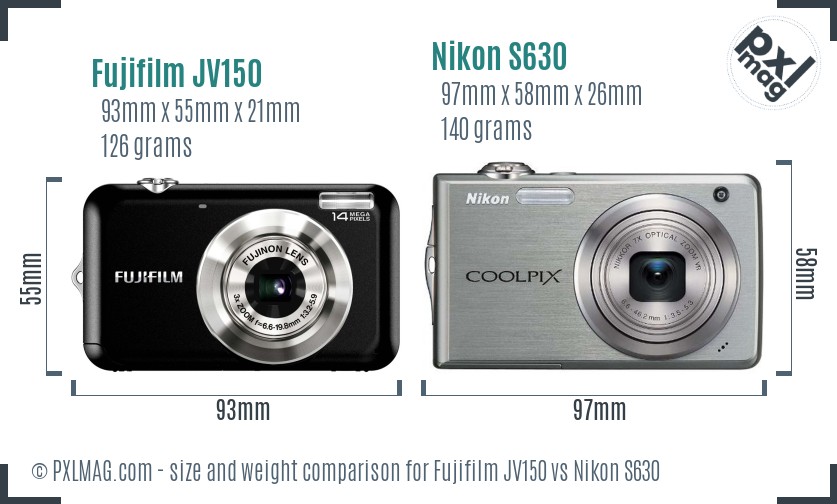 Fujifilm JV150 vs Nikon S630 size comparison