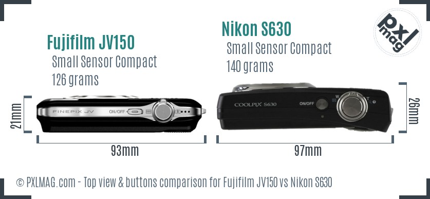 Fujifilm JV150 vs Nikon S630 top view buttons comparison